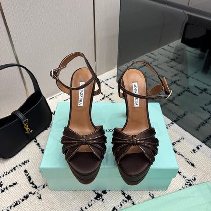 AQUAZZURA 26S HEEL SANDALS 135 MM IN DARK BROWN SATIN RHINESTONE