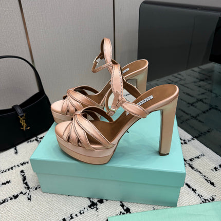 AQUAZZURA 26S HEEL SANDALS 135 MM IN NUDE SATIN RHINESTONE