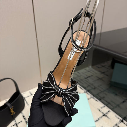 AQUAZZURA 26S HEEL SANDALS 105 MM IN BLACK SATIN RHINESTONE