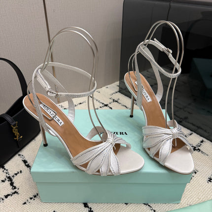 AQUAZZURA 26S HEEL SANDALS 105 MM IN SILVER SATIN RHINESTONE