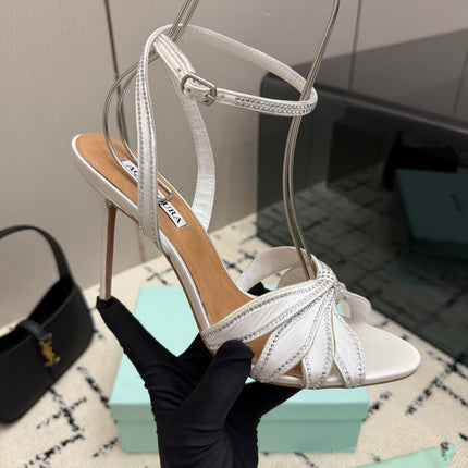 AQUAZZURA 26S HEEL SANDALS 105 MM IN SILVER SATIN RHINESTONE