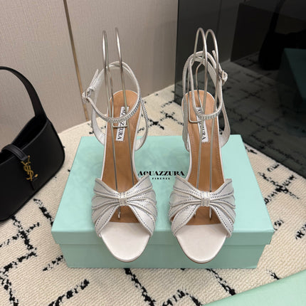 AQUAZZURA 26S HEEL SANDALS 105 MM IN SILVER SATIN RHINESTONE