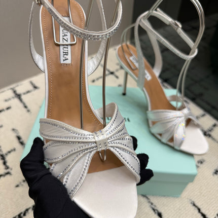 AQUAZZURA 26S HEEL SANDALS 105 MM IN SILVER SATIN RHINESTONE