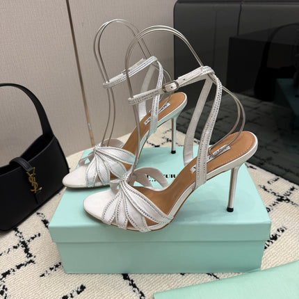AQUAZZURA 26S HEEL SANDALS 105 MM IN SILVER SATIN RHINESTONE