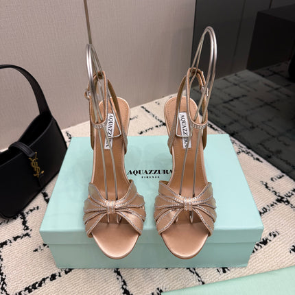AQUAZZURA 26S HEEL SANDALS 105 MM IN BEIGE SATIN RHINESTONE