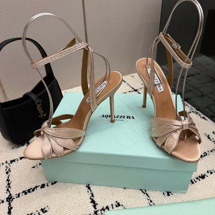 AQUAZZURA 26S HEEL SANDALS 105 MM IN BEIGE SATIN RHINESTONE