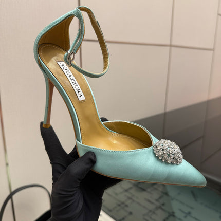 AQUAZZURA 26S POINTED-TOE PUMPS 105 MM IN MINT GREEN SATIN