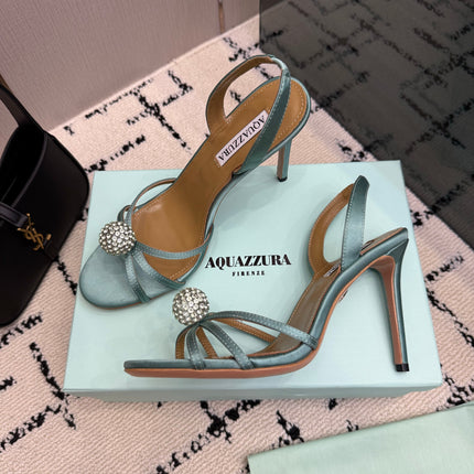 AQUAZZURA 26S STRAPPY HEELS 105 MM IN MINT GREEN SATIN