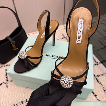 AQUAZZURA 26S STRAPPY HEELS 105 MM IN BLACK SATIN