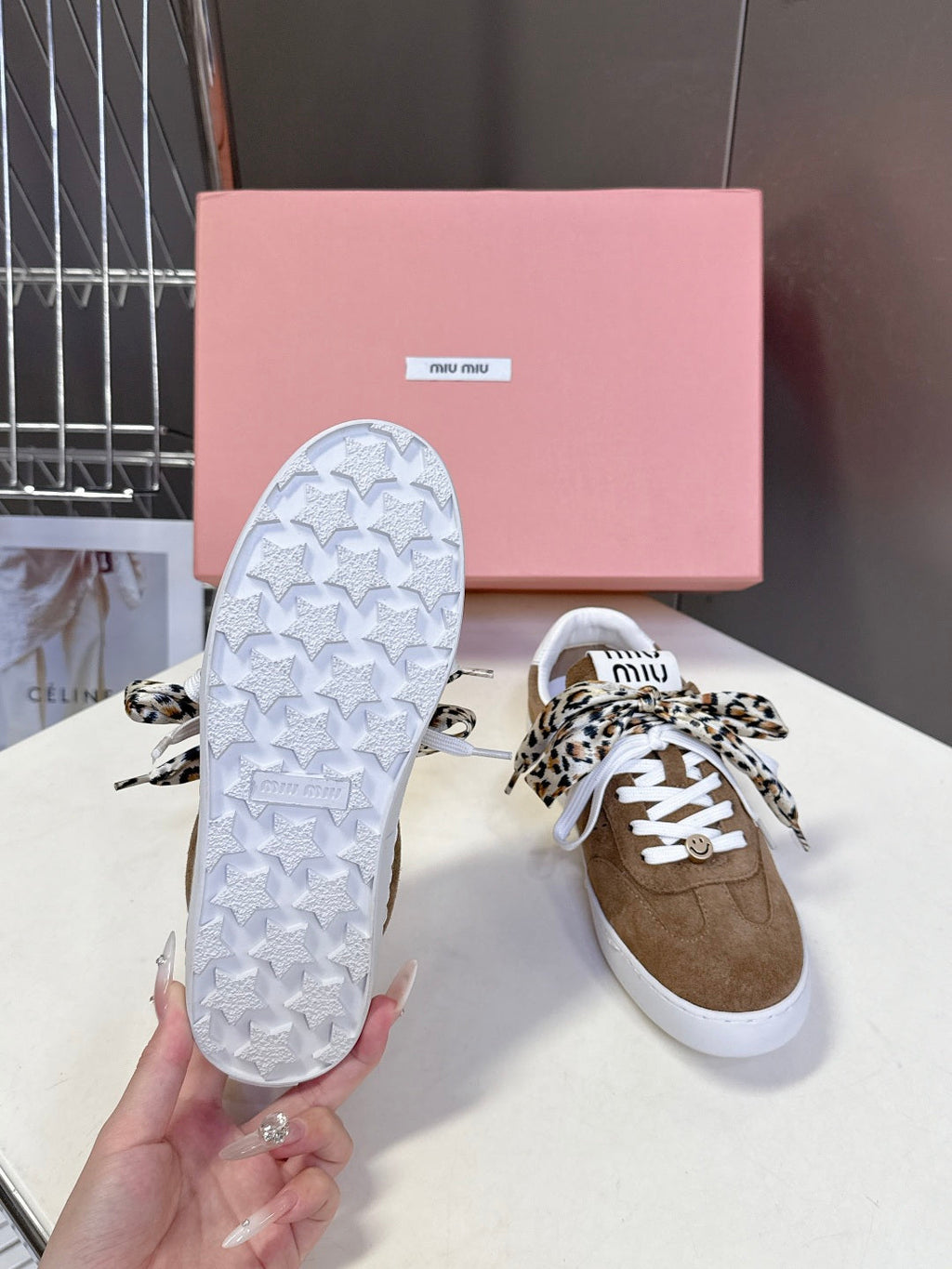 MIUMIU 25S SNEAKERS IN EARTH BROWN SUEDE WITH LEOPARD-PRINT LACES