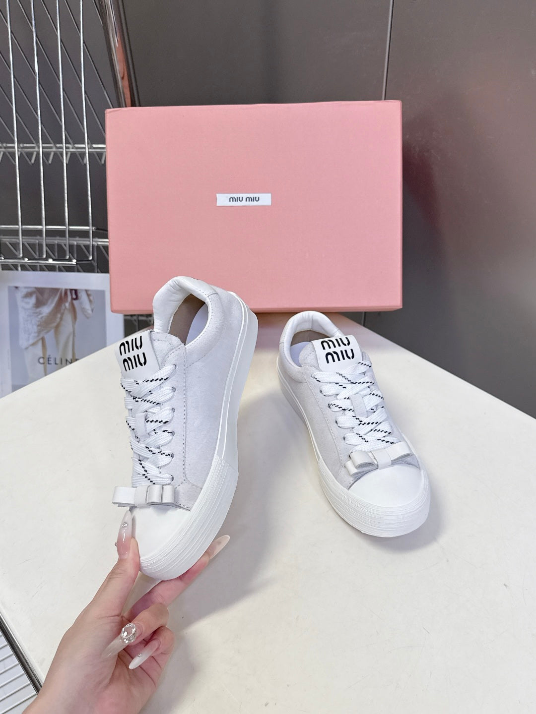 MIUMIU 25S SNEAKERS IN WHITE SUEDE
