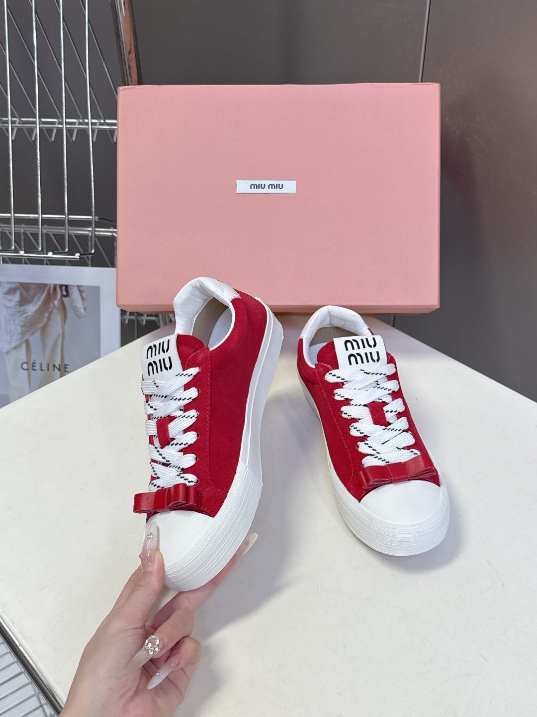MIUMIU 25S SNEAKERS IN DARK RED SUEDE