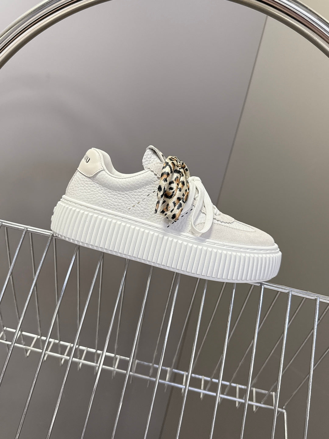 MIUMIU 25S SNEAKERS 45NN IN WHITE SUEDE WITH LEOPARD-PRINT LACES