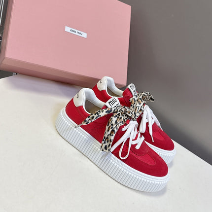 MIUMIU 25S SNEAKERS 45MM IN DARK RED SUEDE WITH LEOPARD-PRINT LACES