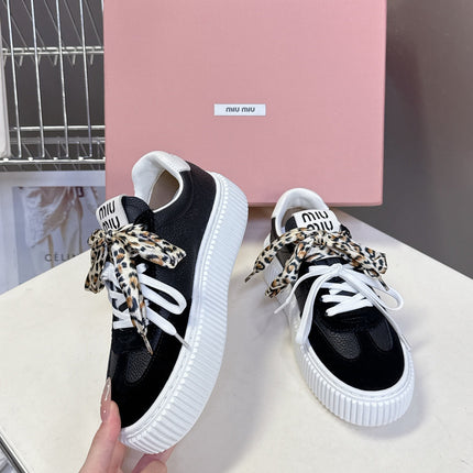 MIUMIU 25S SNEAKERS 45MM IN BLACK SUEDE WITH LEOPARD-PRINT LACES
