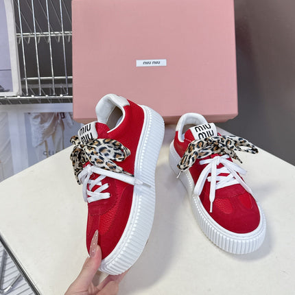MIUMIU 25S SNEAKERS 45MM IN DARK RED SUEDE WITH LEOPARD-PRINT LACES