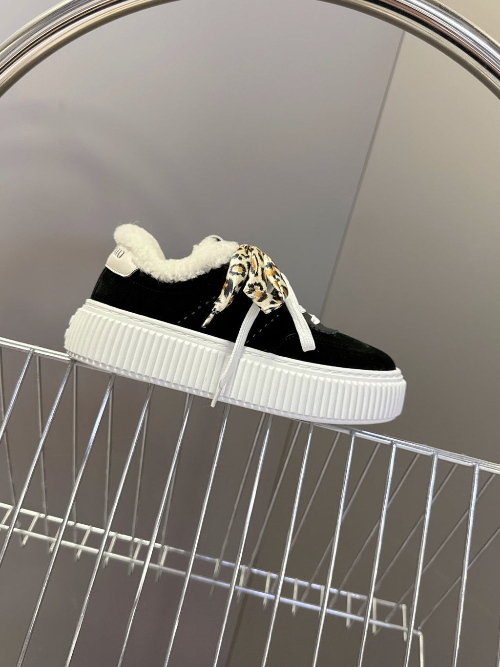 MIUMIU 25S SNEAKERS 45MM IN BLACK SUEDE WITH LEOPARD-PRINT LACES SHEARLING