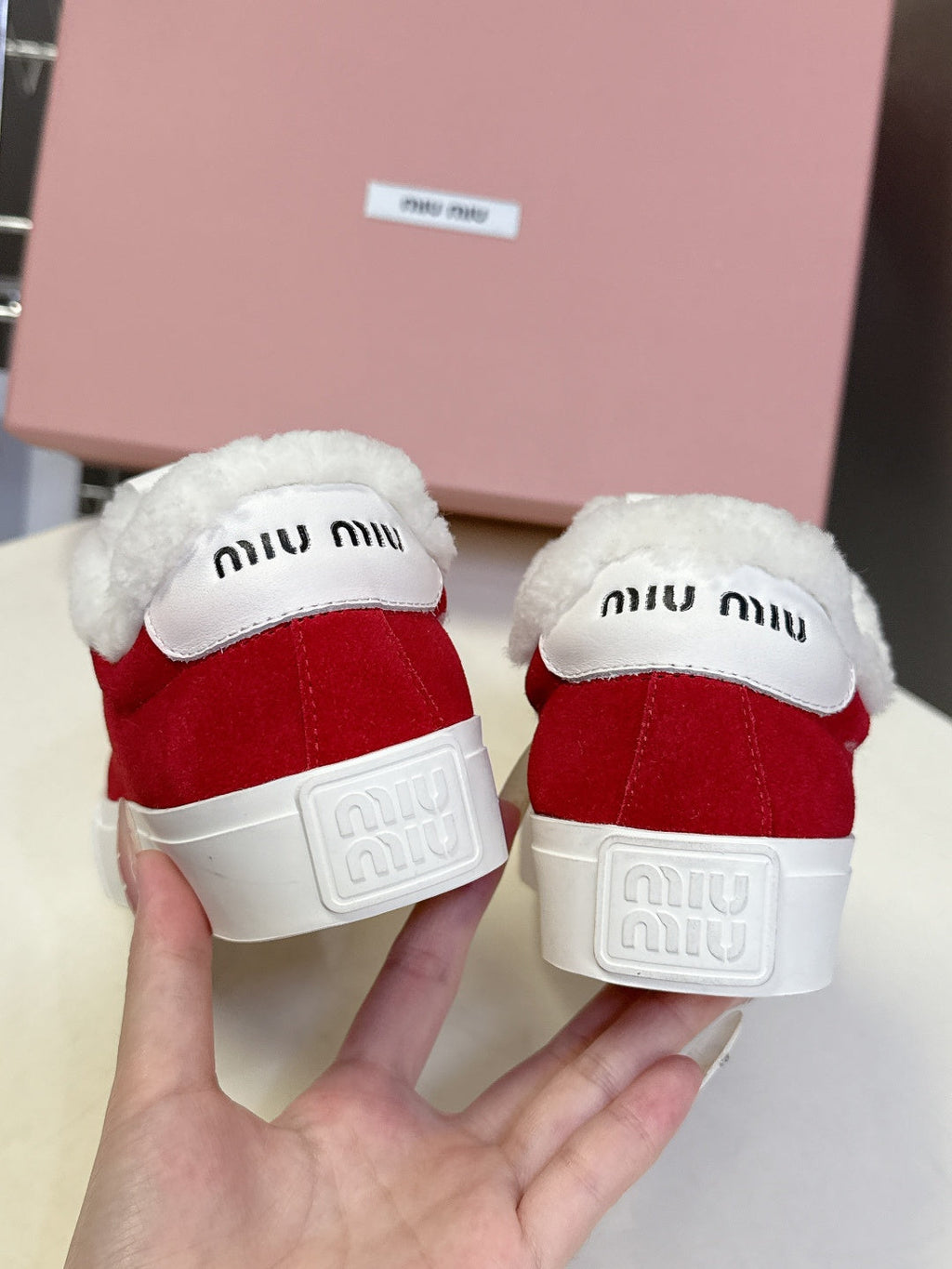 MIUMIU 25S SNEAKERS IN DARK RED SUEDE WITH SHEARLING