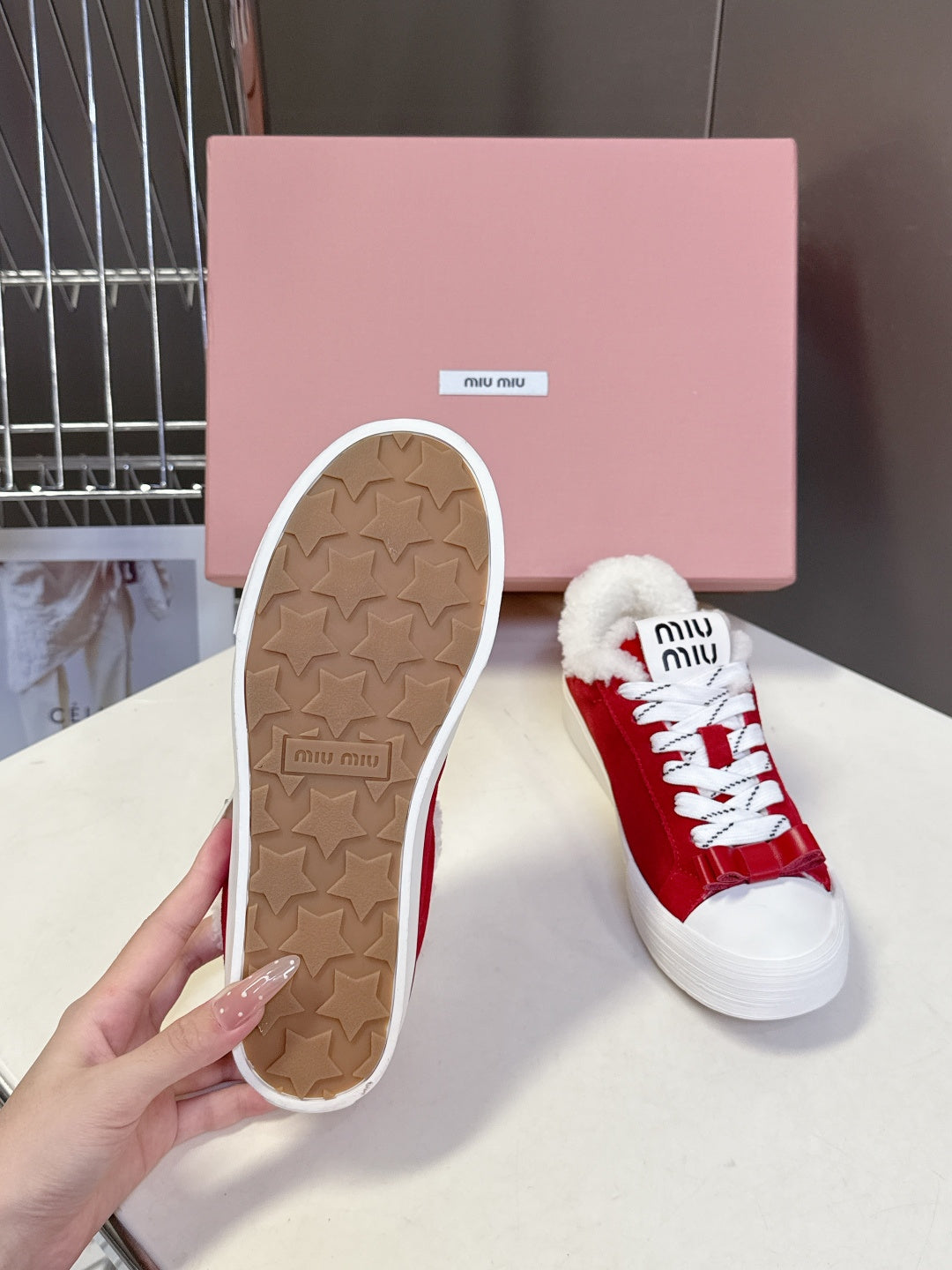 MIUMIU 25S SNEAKERS IN DARK RED SUEDE WITH SHEARLING