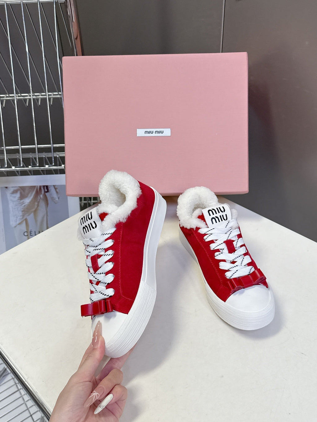 MIUMIU 25S SNEAKERS IN DARK RED SUEDE WITH SHEARLING