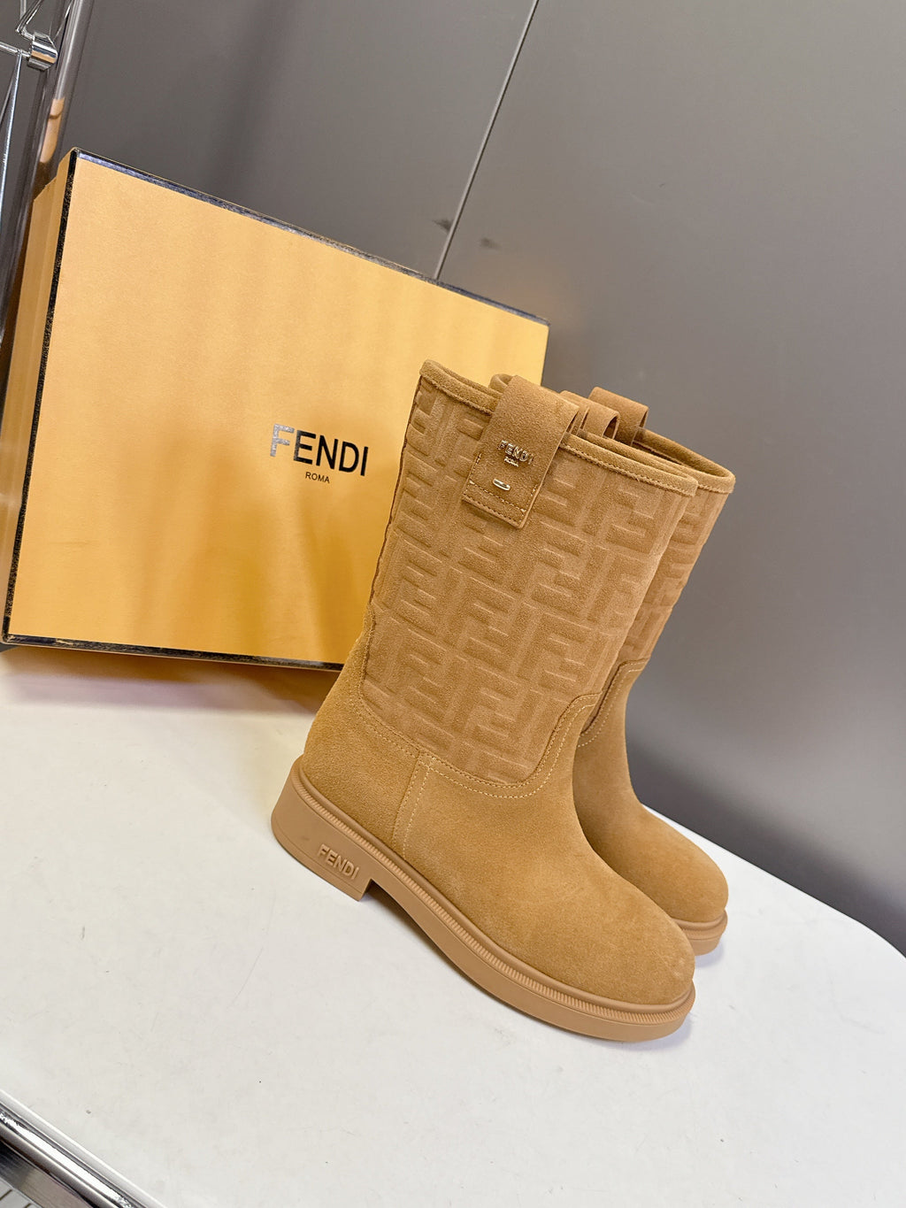 FENDI 25S BOOTS IN GOLDEN BROWN SUEDE