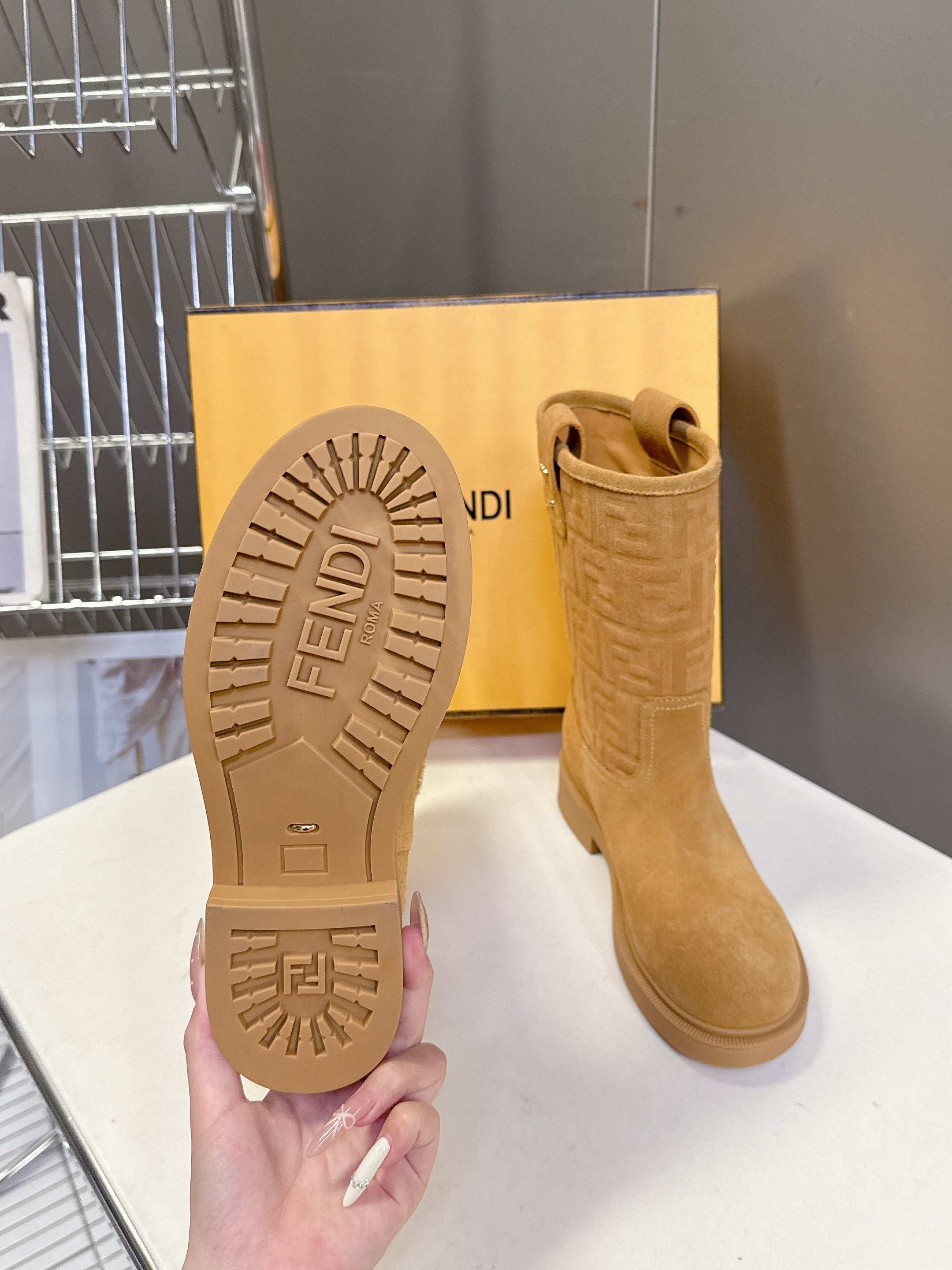 FENDI 25S BOOTS IN GOLDEN BROWN SUEDE