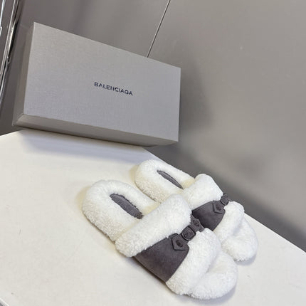 BALENCIAGA 25S SLIPPERS IN MUTED PURPLE GRAY SUEDE AND WHITE WOOL