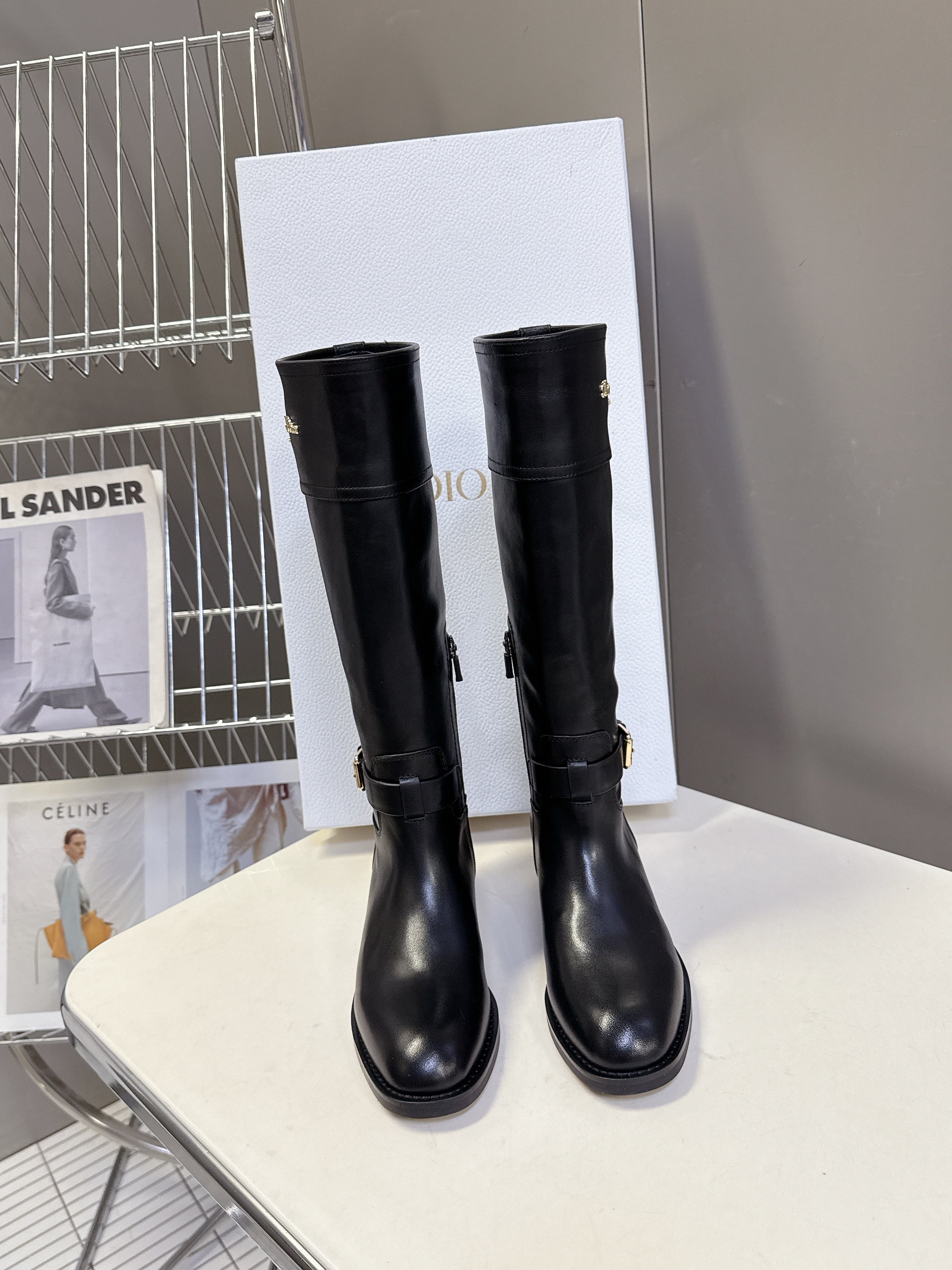 DIOR 25S BROWN HIGH BOOTS IN BLACK LAMBSKIN