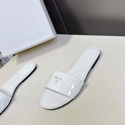 CELINE 26S FLAT SLIDES IN WHITE PATENT LAMBSKIN