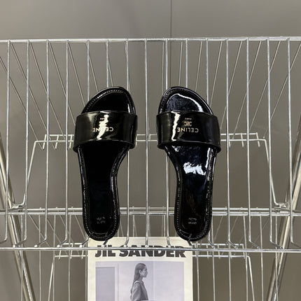 CELINE 26S FLAT SLIDES IN BLACK PATENT LAMBSKIN