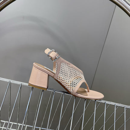 ALAIA 26S MESH THONG HEELS 55 MM IN PALE PINK PATENT CALFSKIN