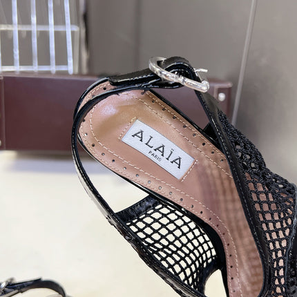 ALAIA 26S MESH THONG HEELS 55 MM IN BLACK PATENT CALFSKIN