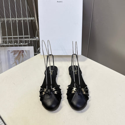 CELINE 26S TRIOMPHE LACE UP ANKLE STRAP FLAT SANDALS IN BLACK CALFSKIN