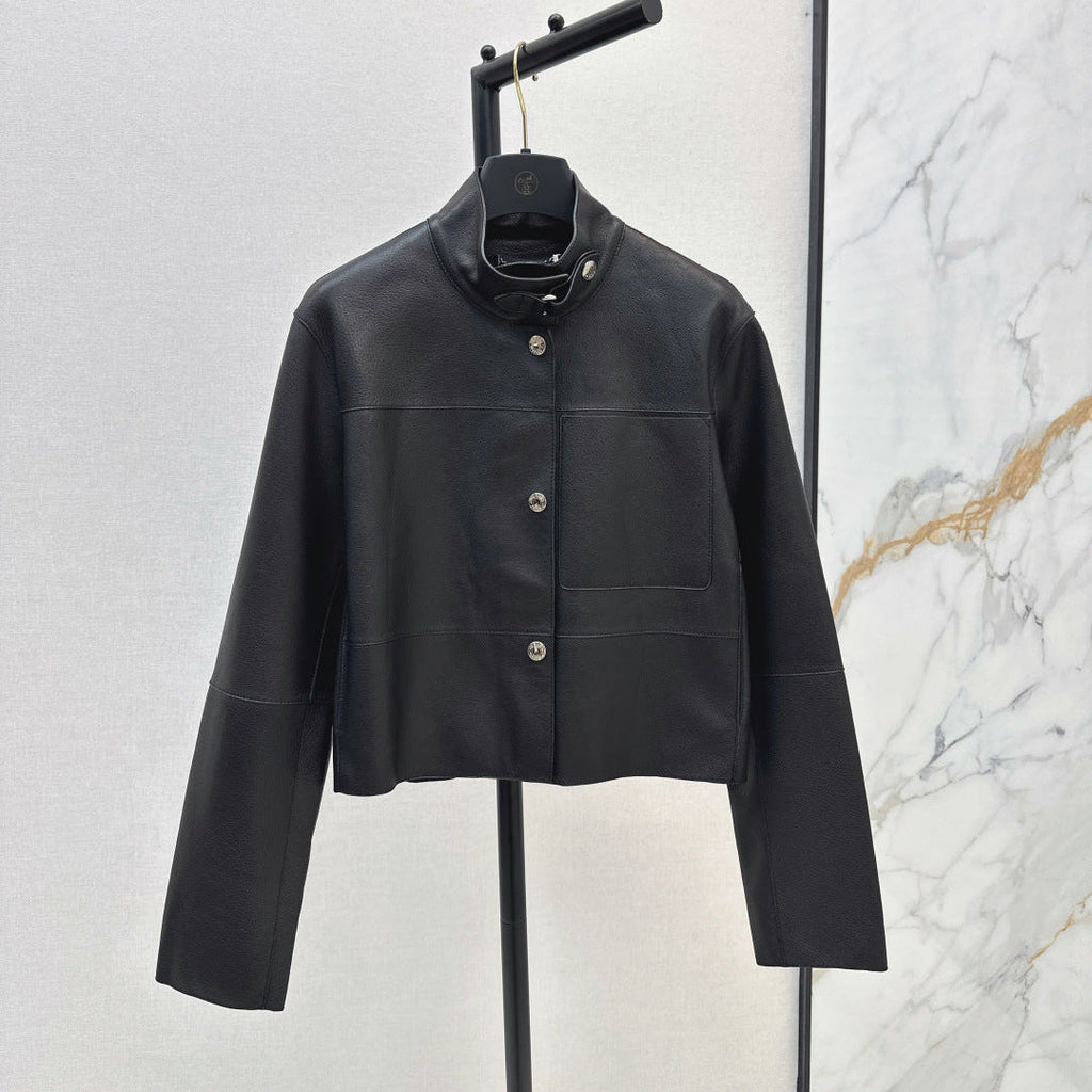 HERMES 25S STAND-COLLAR LEATHER JACKET 454