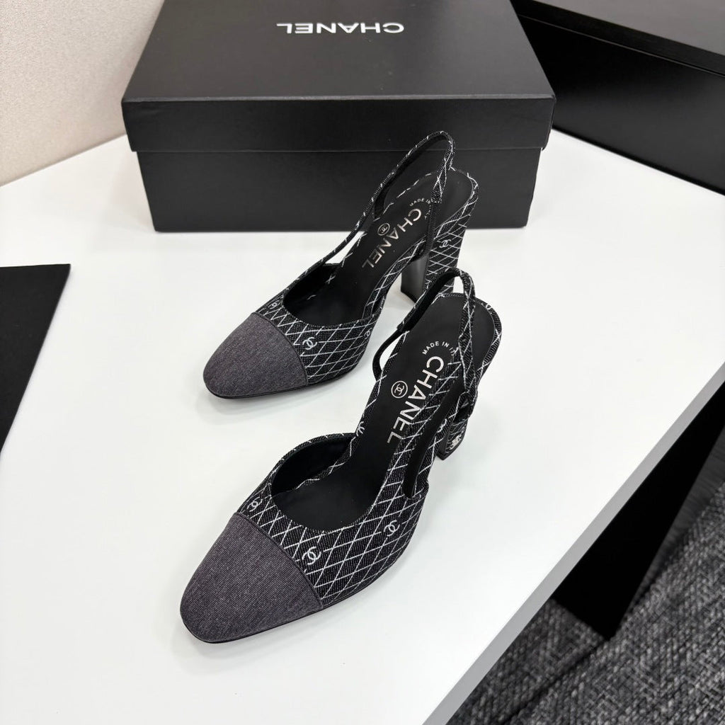 CC SLINGBACK 25S 90 MM IN BLACK DENIM WITH PLAID PATTERN