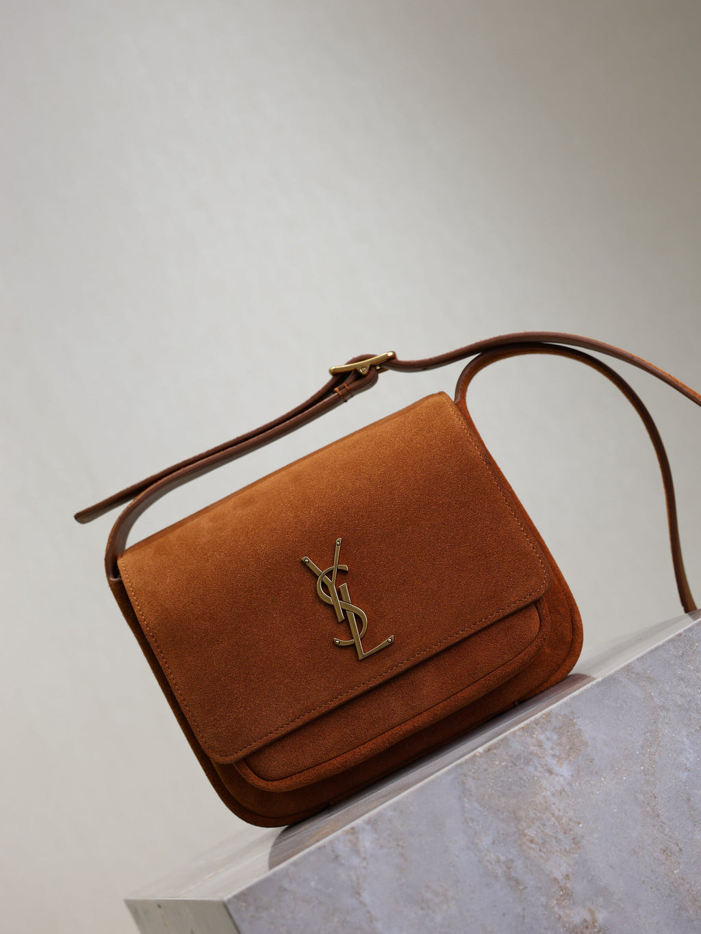 YSL 25S NIKI SATCHEL 22 IN DARK CARAMEL SUEDE GOLD HARDWARE
