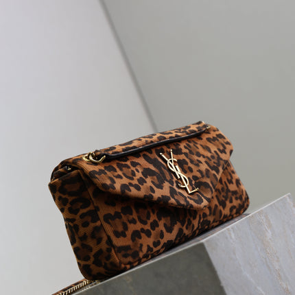 YSL 25S CALYPSO HANDBAG 26 IN BROWN LEOPARD PRINT VELVET GOLD HARDWARE
