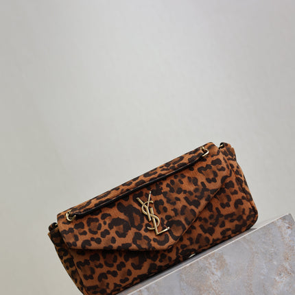 YSL 25S CALYPSO HANDBAG 26 IN BROWN LEOPARD PRINT VELVET GOLD HARDWARE