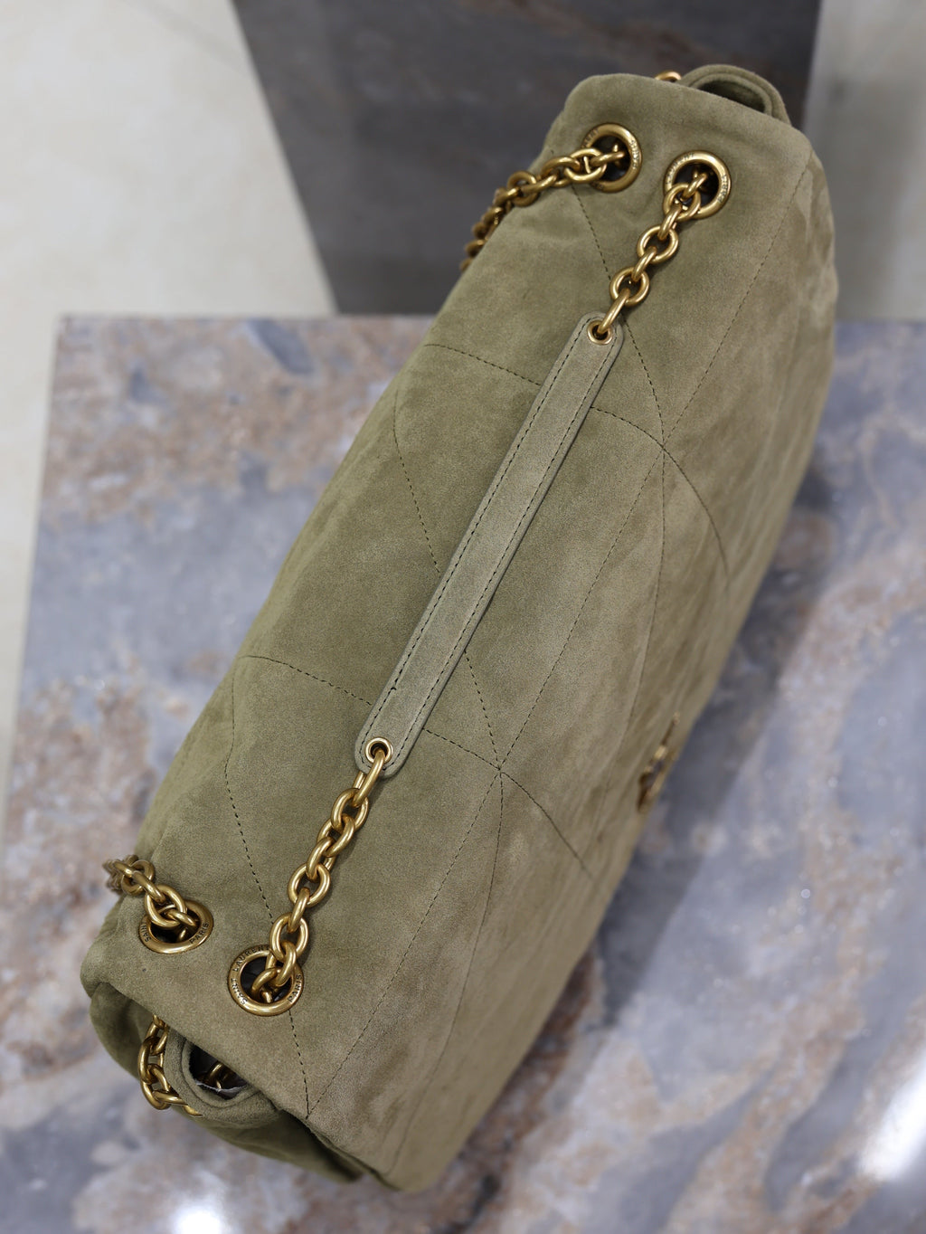 YSL 25S LARGE JAMIE 43 IN MUTED KHAKI SUEDE GOLD HARDWARE
