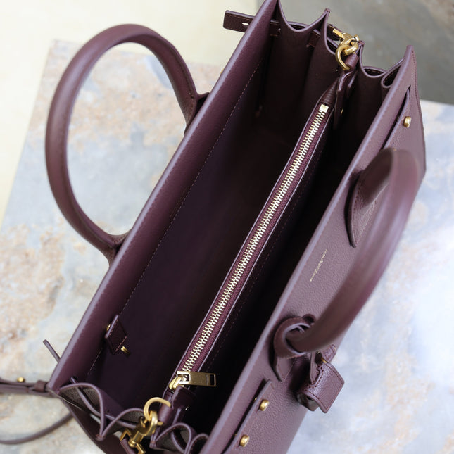 YSL 25S SAC DE JOUR GM 32 IN ROUGE CABERNET SUPPLE GRAINED CALFSKIN