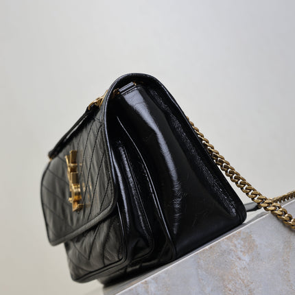 YSL 25S NIKI MM BAG 28 IN BLACK GLOSSY CALFSKIN GOLD HARDWARE