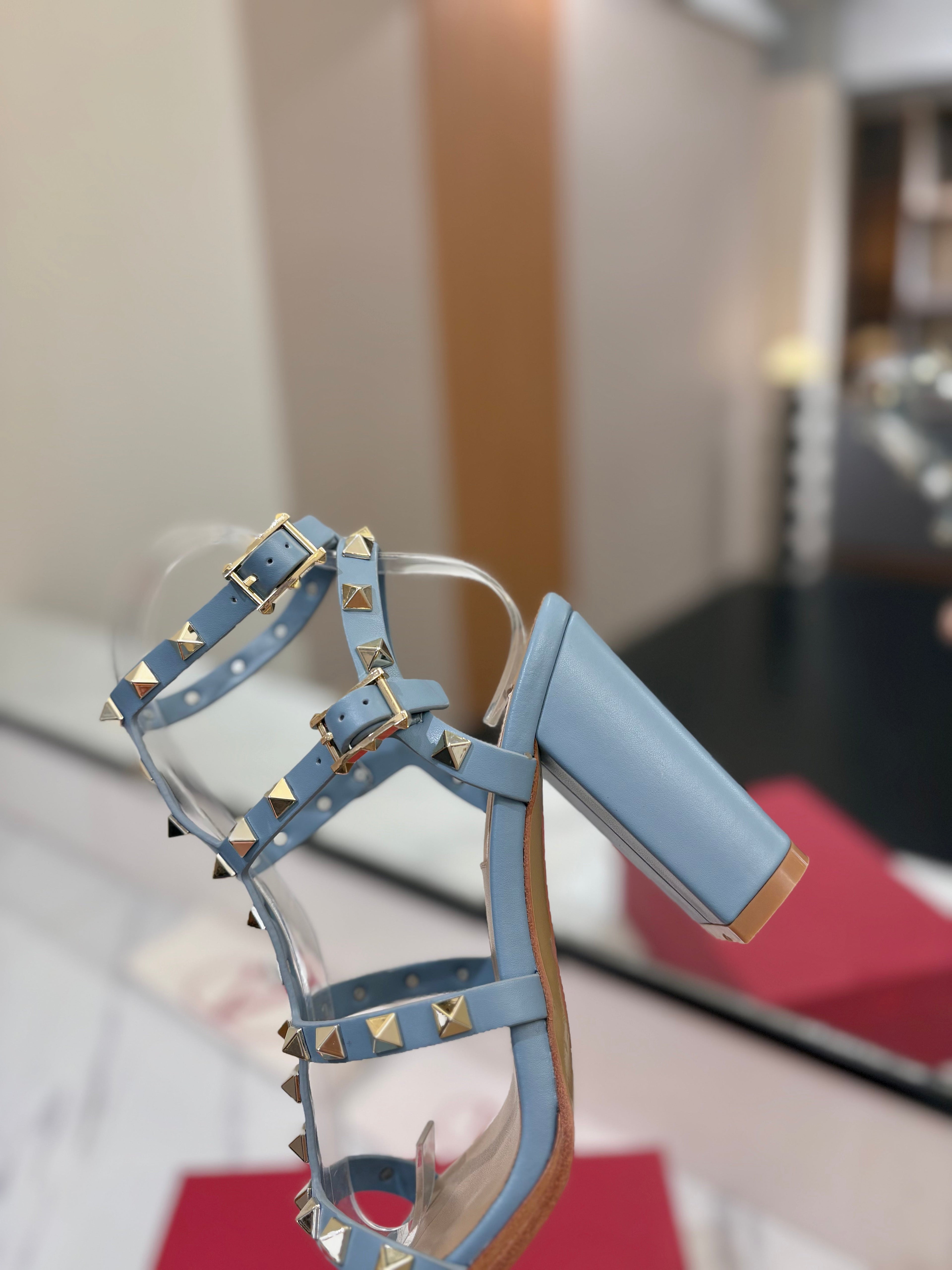VALENTINO 26S STUDDED HIGH HEEL SANDALS 90 MM IN SKY BLUE CALFSKIN