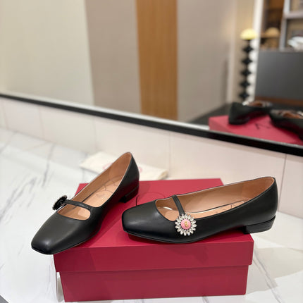 VALENTINO 26S MARY JANE FLATS IN BLACK CALFSKIN WITH CRYSTAL FLOWER
