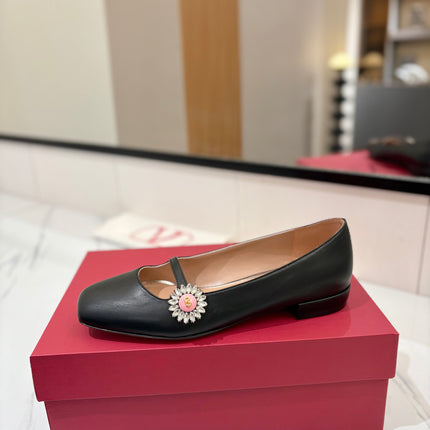 VALENTINO 26S MARY JANE FLATS IN BLACK CALFSKIN WITH CRYSTAL FLOWER