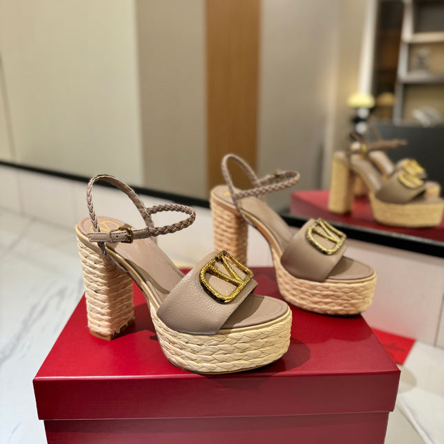 VLTN ESPADRILLE WEDGE SANDALS 25S 115 MM IN BEIGE BROWN LAMBSKIN WITH GOLD HARDWARE