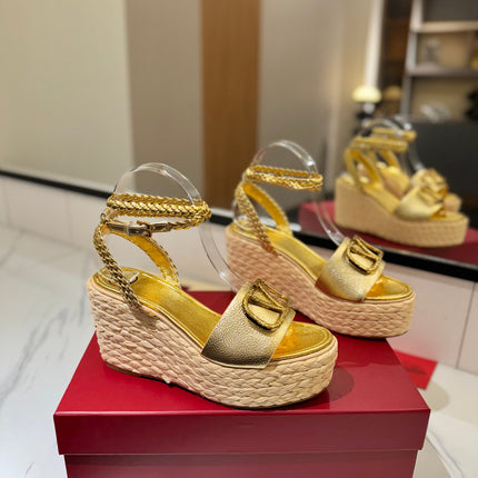 VLTN ESPADRILLE WEDGE SANDALS 25S 90 MM IN GOLD LAMBSKIN STYLE 1