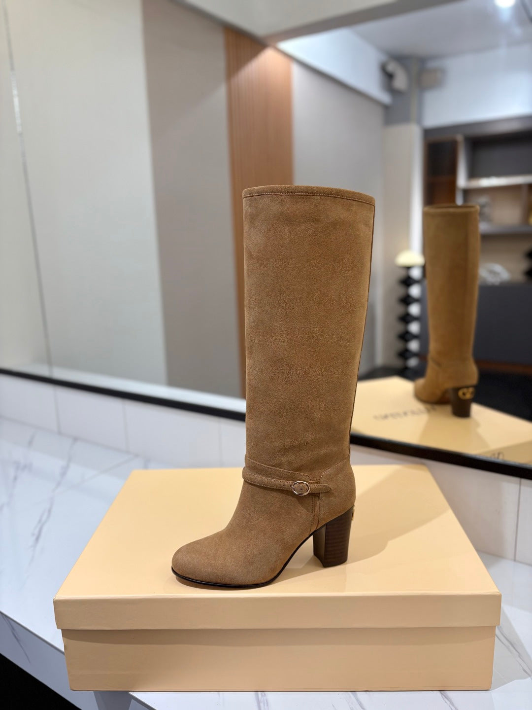 VALENTINO 25S GARAVANI PATTIE KNEE-HIGH BOOTS 80 MM IN LIGHT BROWN SUEDE