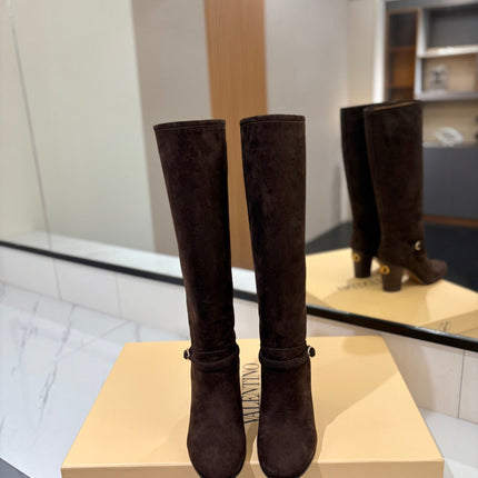 VALENTINO 25S GARAVANI PATTIE KNEE-HIGH BOOTS 80 MM IN DARK BROWN SUEDE