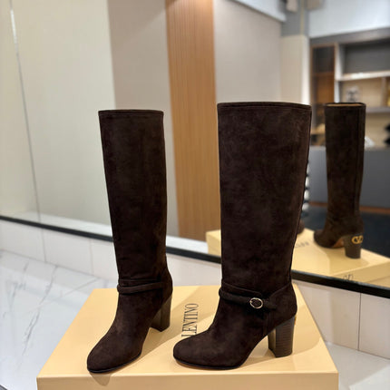 VALENTINO 25S GARAVANI PATTIE KNEE-HIGH BOOTS 80 MM IN DARK BROWN SUEDE