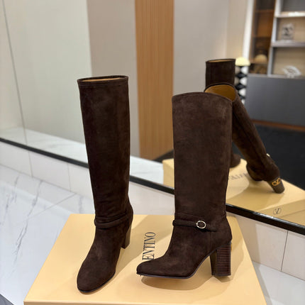 VALENTINO 25S GARAVANI PATTIE KNEE-HIGH BOOTS 80 MM IN DARK BROWN SUEDE